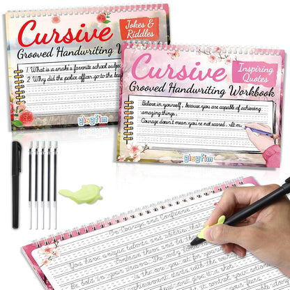 gisgfim 2 Pack Grooved Cursive Handwriting Workbook Magic Grooved Cursive Reusable Handwriting Practice with Disappearing Ink Pens Learning Activities Supplies (Jokes Riddles&Inspiring Quotes)