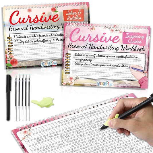 gisgfim 2 Pack Grooved Cursive Handwriting Workbook Magic Grooved Cursive Reusable Handwriting Practice with Disappearing Ink Pens Learning Activities Supplies (Jokes Riddles&Inspiring Quotes)