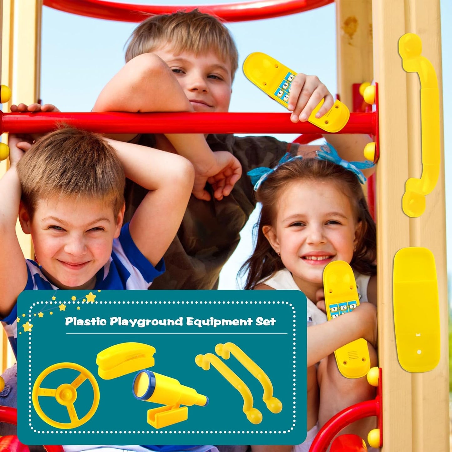 5 Pack Kids Playground Accessories Set Swingset Steering Wheel Plastic Telescope Safety Handles Telephone Toy for Outdoor Playhouse Playset (Color Set 4)