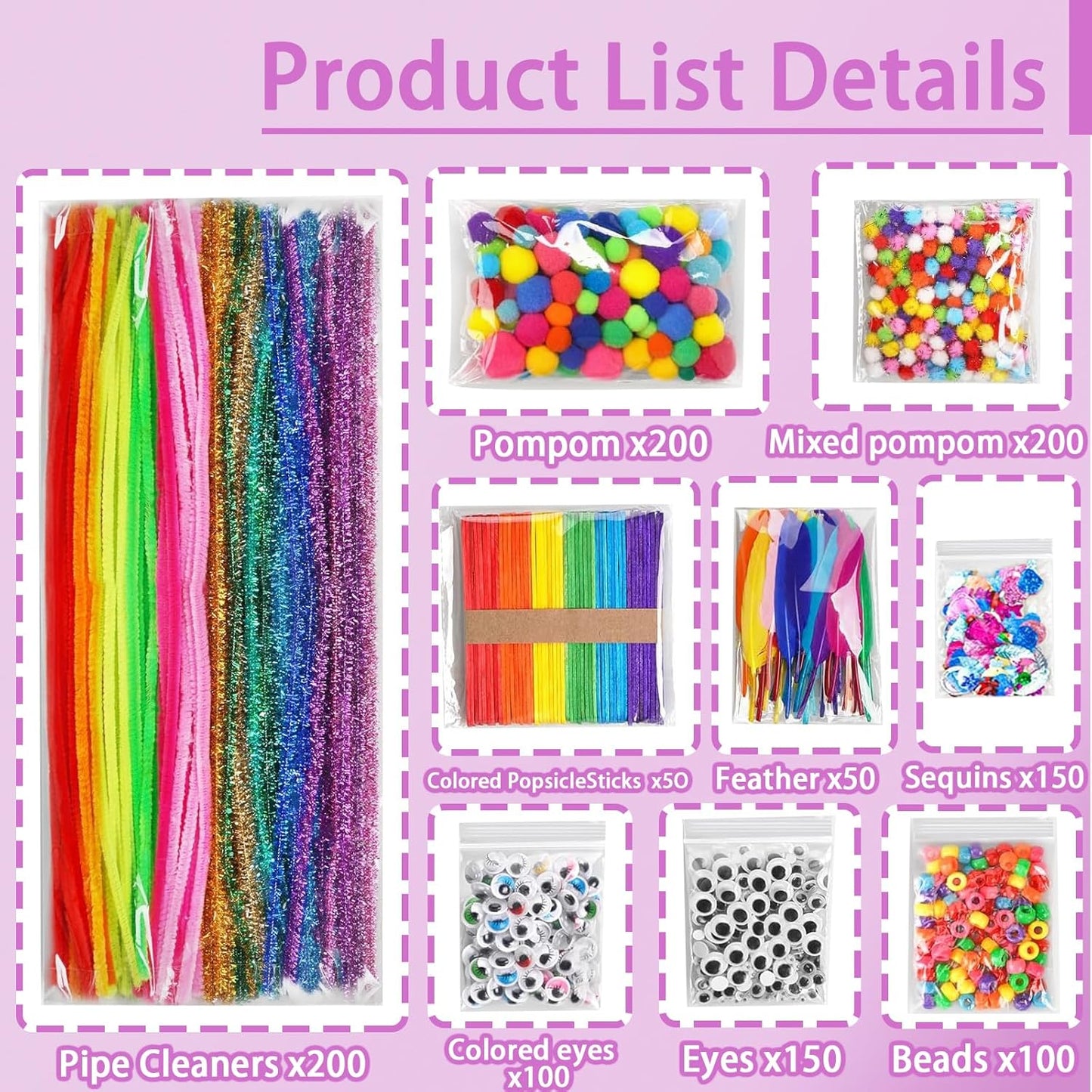 FUNZBO 2000Pcs+ Arts & Crafts Supplies Kits for Kids, DIY Craft Supplies for Toddlers Art Supply Tools Set Pipe Cleaners, Pom Poms and Feather, Birthday Gifts for Kid Girls Ages 4-8-12