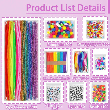 FUNZBO 2000Pcs+ Arts & Crafts Supplies Kits for Kids, DIY Craft Supplies for Toddlers Art Supply Tools Set Pipe Cleaners, Pom Poms and Feather, Birthday Gifts for Kid Girls Ages 4-8-12