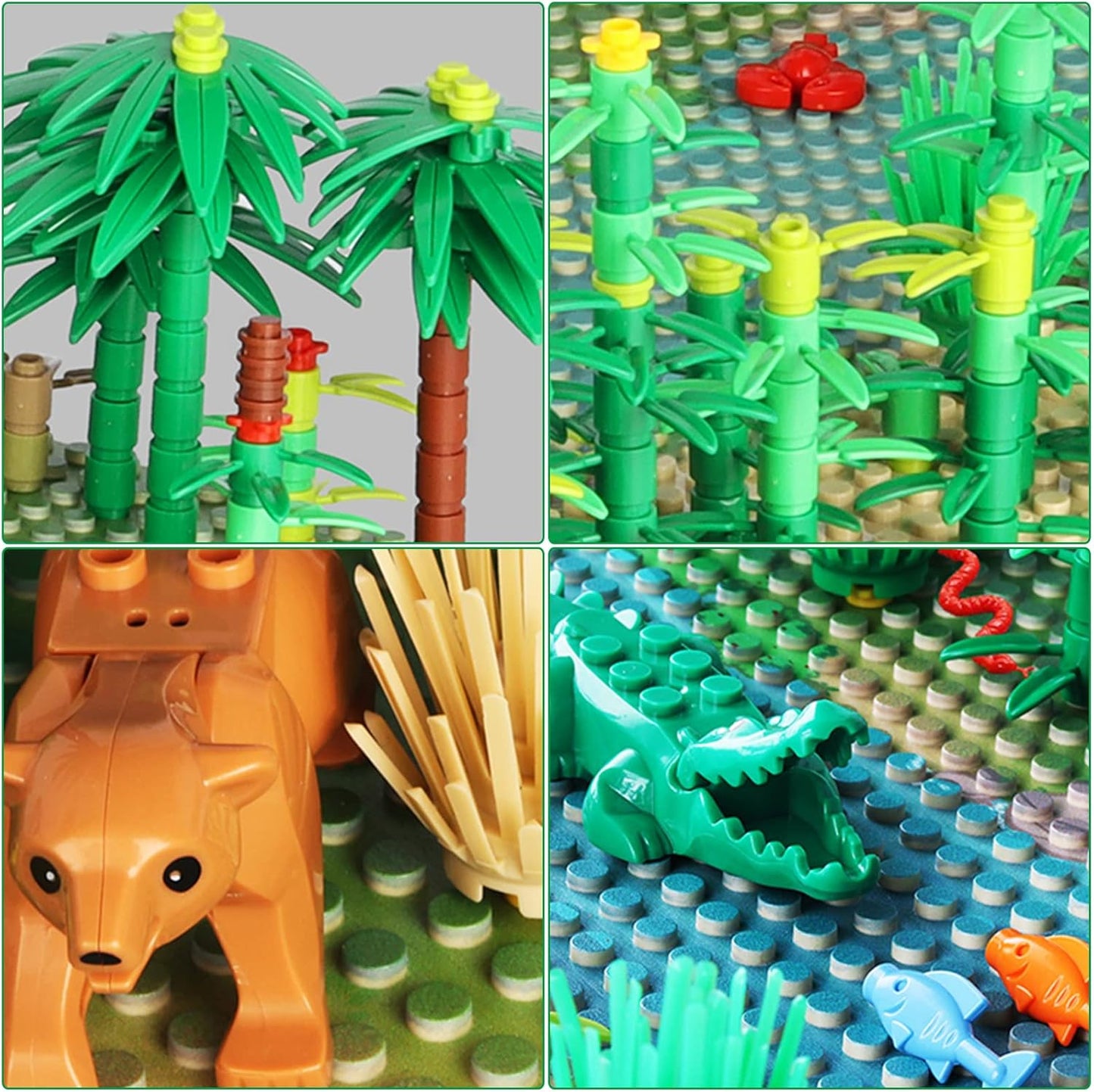 Jungle Trees Building Bricks with 2 Base Plates (10 x 10 inch),Rainforest Plants Flowers Bushes Animals Kit, Botanical Parts Scenery Toys for Kids and Adults