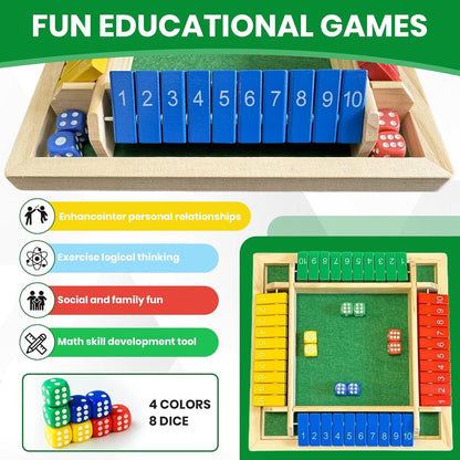 Shut The Box Dice Game for 2-4 Players, Wooden Board Tabletop Math and Strategy Game with 8 Dice and Velvet Storage Bag, Classic Family Board Game for Home, Party or Pub, Brown