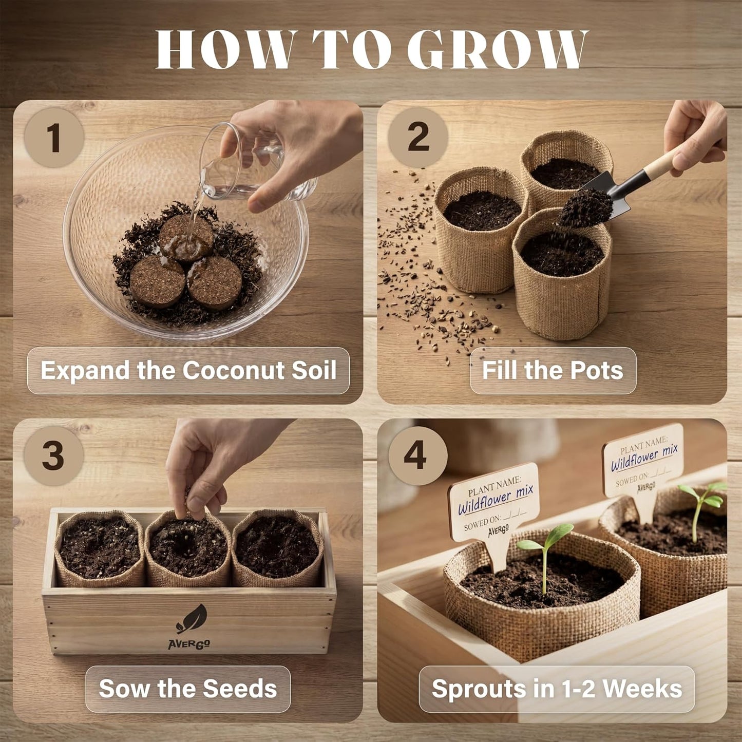 AVERGO Wildflower Seed Mix Growing Kit - Includes Perennial & Annual Wild Flowers, Burlap Planters, Soil, Wooden Box, and Gardening Tools for Indoor Garden and Patio Planting