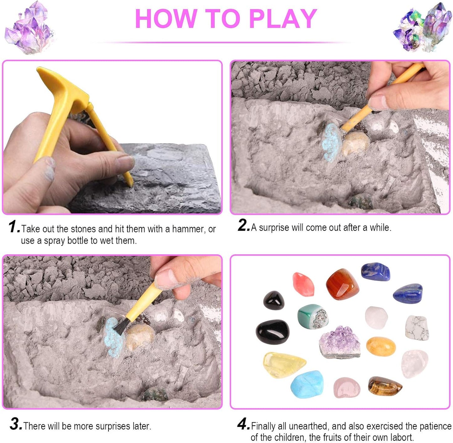 Gemstone Dig Kit, 16 Real Gem Stones and Crystals Excavation Kit, STEM Educational Toys Science Kit for Kids 5-7 8-12, Gem Digging Kit Rock Collection Stocking Stuffers Gifts for Boys Girls