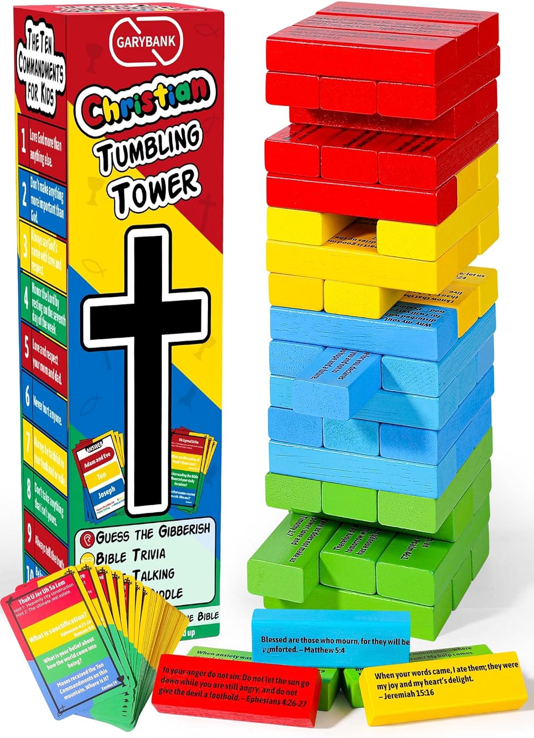 Garybank Faith Tower Bible Games for Kids, Blocks with Verse, 66 Bible Trivia Cards W/ 260+ Biblical Questions, Bible Study Supplies for Youth Group, Sunday School & Family, Christian Gifts