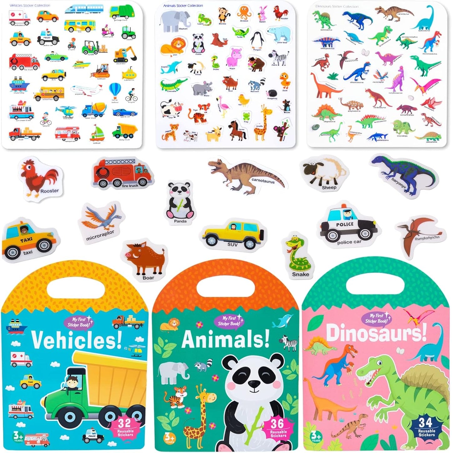 Jelly Reusable Sticker Books for Toddlers 1-3 2-4 Years, Portable Travel Toys Sticker Activity Book for Kids 2 3 4 Year Old Girls Boys (Animals)