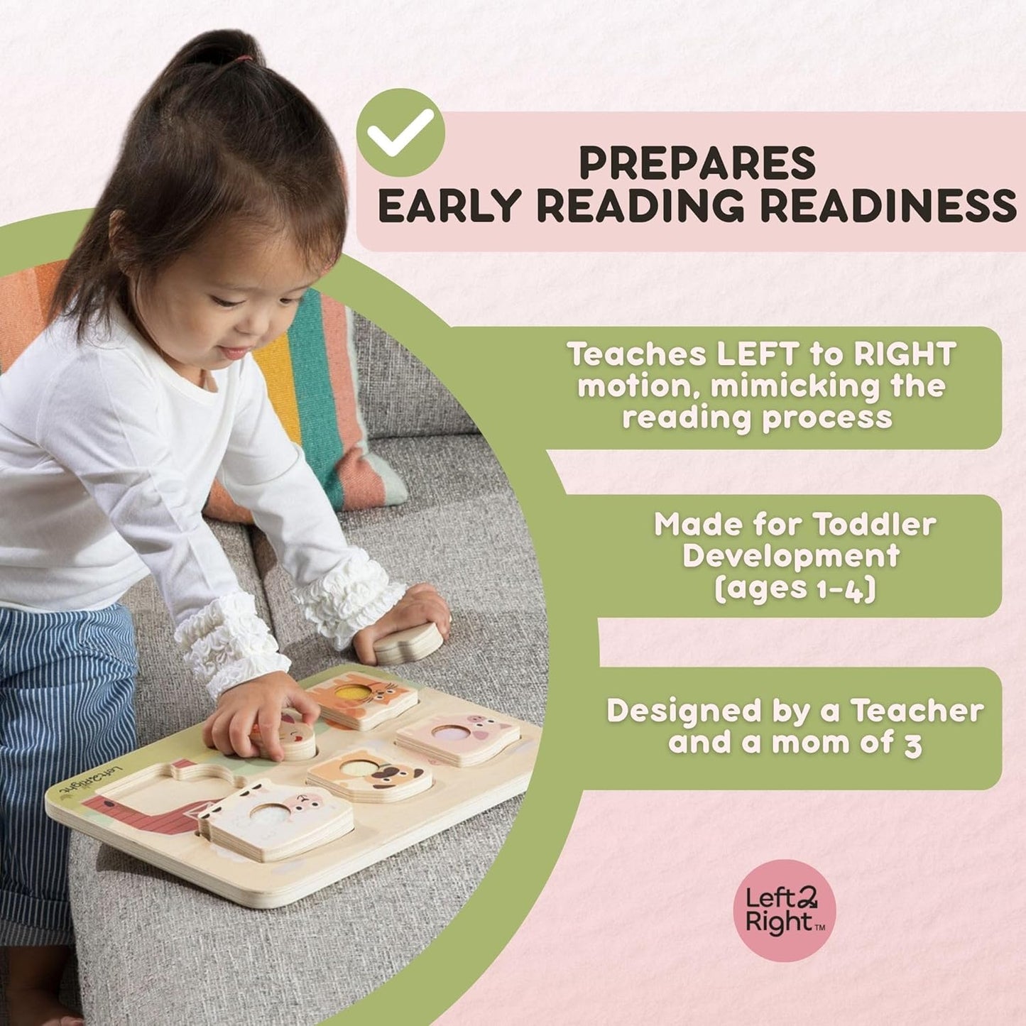 LEFT2RIGHT Wooden Puzzle for Toddlers 1-3 | Montessori Puzzle for 2 Year Old | Best Educational Puzzle for Motor Skills & Sensory Learning | Wooden Peg Puzzles for Toddlers 1-3 Transportation Edition