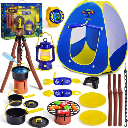 FUN LITTLE TOYS Pop Up Play Tent with Camping Gear and Tools Set, Outdoor Toys for Kids