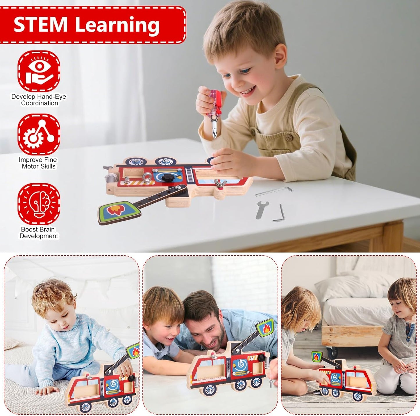 Montessori Screwdriver Busy Board Fire Truck – Wooden STEM Fine Motor Skills Sensory Learning Toy for Kids Ages 2–6, Great Gift for Boys and Girls,with Storage Bag