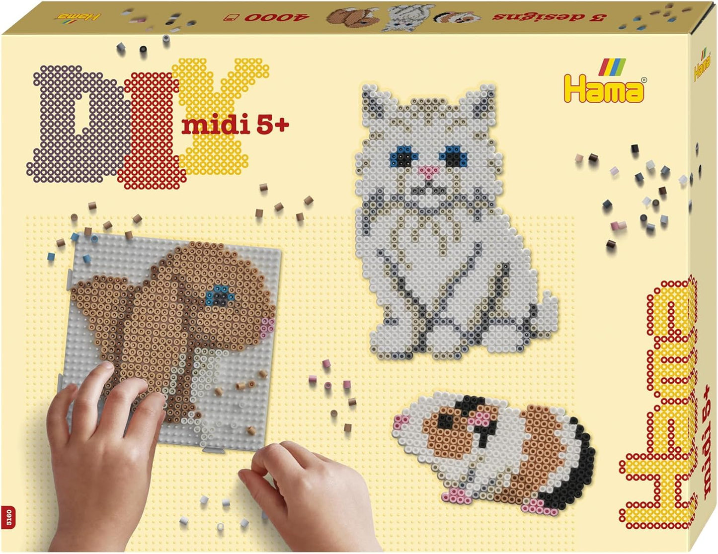 Hama Beads 3160 Iron-On Beads Pets Gift Pack Crafts with Approx. 4,000 Midi Beads, 2 Square Peg Plates for Interlocking Design Template, Ironing Paper, for Children Aged 5 Years and Above