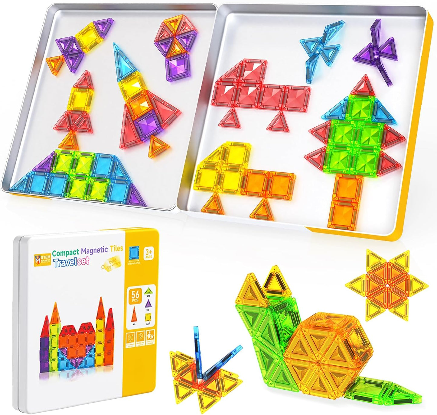 Mini Magnetic Tiles, 40 PCS Travel Magnetic Tiles with Tin, Micro Magnet Travel Toy Portable for Kids Age 3+, STEM Educational Building Set Construction Toys, Boys Girls Toddlers Birthday Gifts
