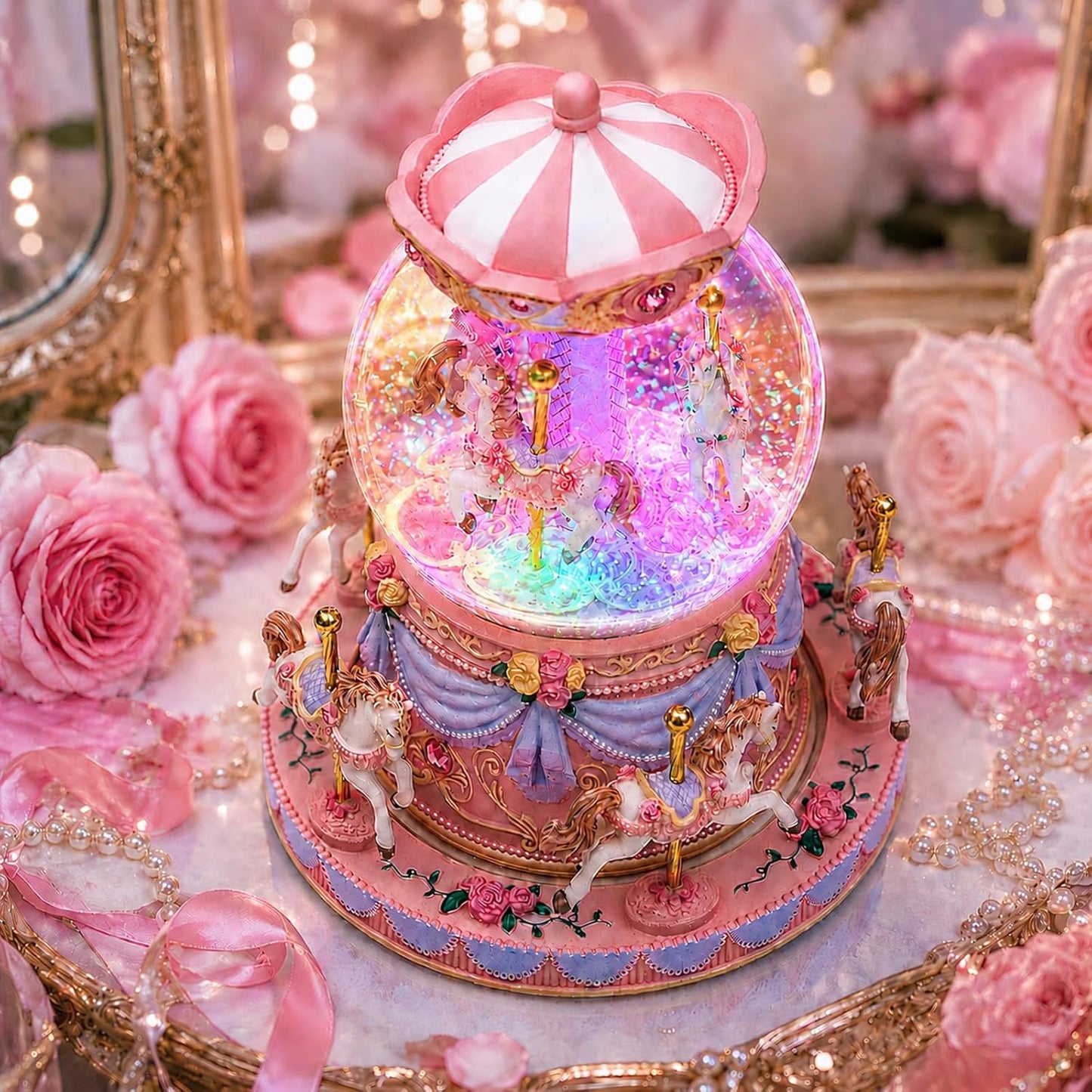 Blue Carousel Snow Globe Music Box with LED Lights, Rotating Horse Merry Go Round with Glitter Snowfall, Wind Up Musical Snow Globe Plays Over the Rainbow, Gift for Daughter Granddaughter Women