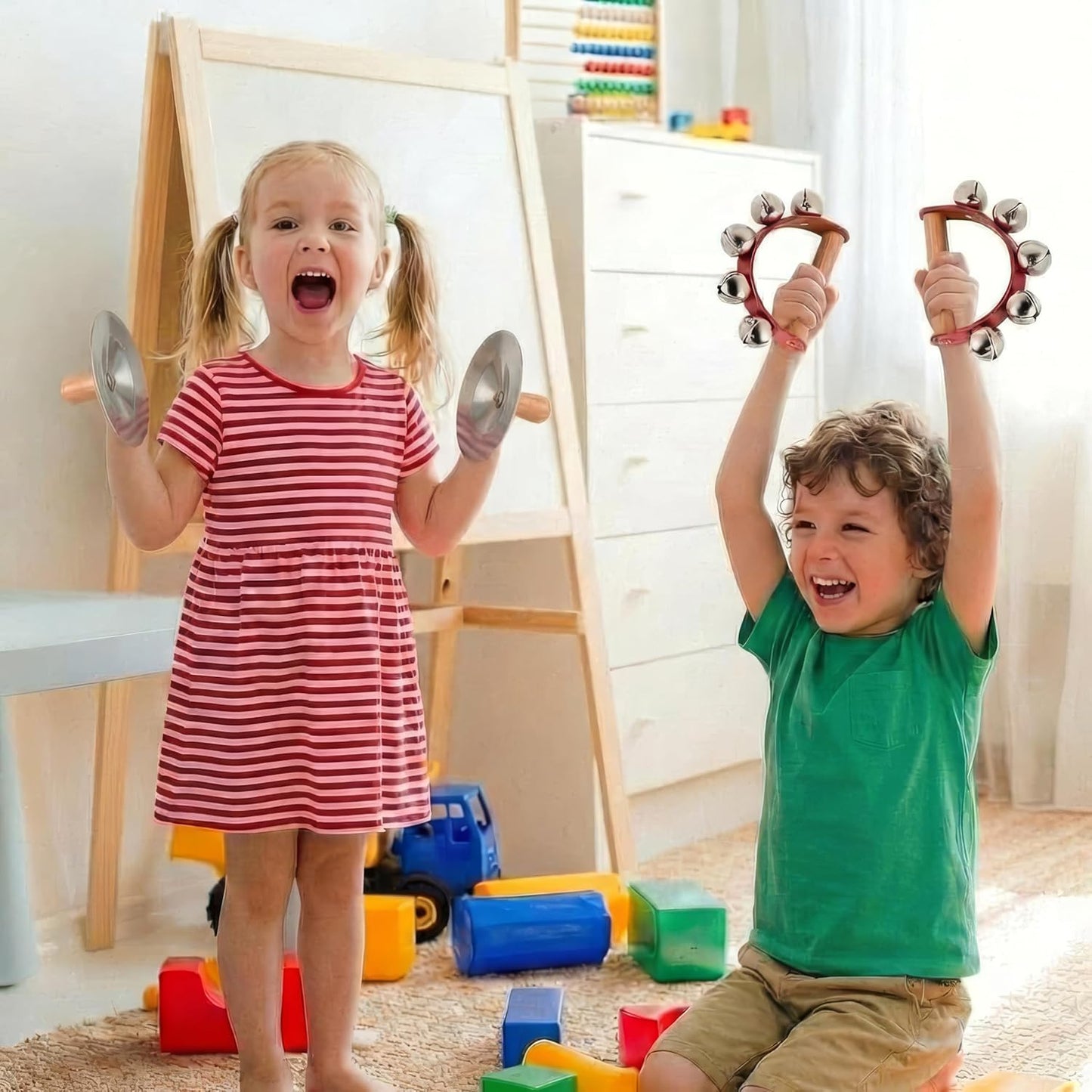 Stoie's Wooden Toddler Musical Instruments with Drum, Hand Bells, Flute, Maracas, Castanet, Tamburine, for Babies and Kids, Eco Friendly Montessori Educational Toy