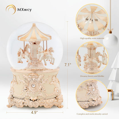 Carousel Music Box Gold & Ivory Christmas Snow Globes, 8.3" Rotate Carousel Snow Globe for Kids & Adults, Classic Wind up Musical Snow Globe Birthday Gifts for Women Girls, Carousel Horse Home Decor