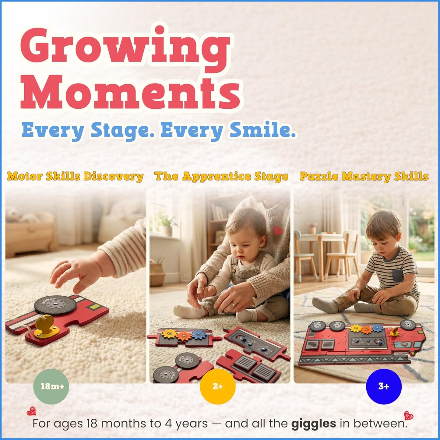 Large Wooden Toddler Puzzles – Fire Truck Interactive Activity Puzzle for Ages 1-3 – Fine Motor Skills Toy with Gears Doors Knobs for Early Learning