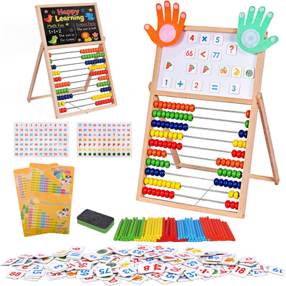 Wooden Abacus for Kids Math - Double-Sided Black/Whiteboard for Toddlers with 152 Magnetic Number & Fruit Cards, 100 Counting Sticks and Number Blocks Finger Counting Toys Homeschool Essentials
