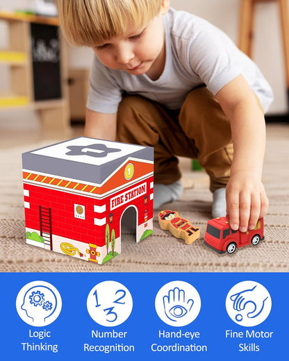 Coogam Montessori Sorting & Stacking Blocks with Nesting Garages Cars, Stackable Number Boxes for Toddlers Learning Community Helpers, Preschool Educational Toy Gift for 2 3 4 Year Old Baby