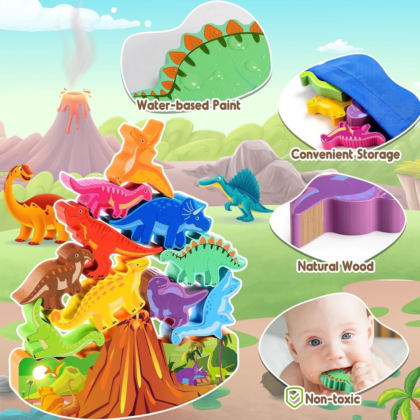 IPOURUP Dinosaur Toys for Kids 3-8 Kid Wooden Stacking Blocks Montessori Toy for 3 4 5 6 7 8 Year Old Boys Girls Christmas Birthday Gifts Toddler Balance Game Ages 3-5 Toys for Boy Girl Age 5-7