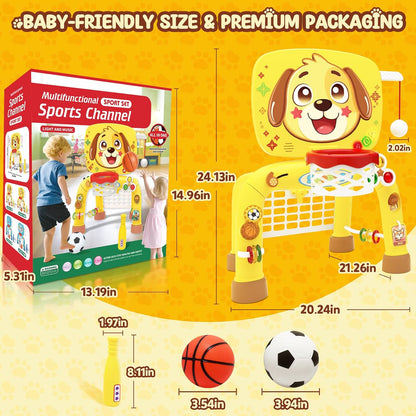 Toys for 1 Year Old Boy - Toddler Basketball Hoop & Soccer Goal & Baseball Activity Center with Light Sound Music, Puppy Montessori Sports Toy, Christmas Birthday Gift for Baby 12-18 Months, Yellow