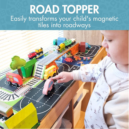 Learn & Grow Magnetic Tiles Road Expansion Pack - 40PCs Road Toppers Set for Cars, STEM Learning & Building Toy - Magnetic Tile Accessories for Kids 3+, Toddler - Add Car Roads to Any Magnet Tiles Set