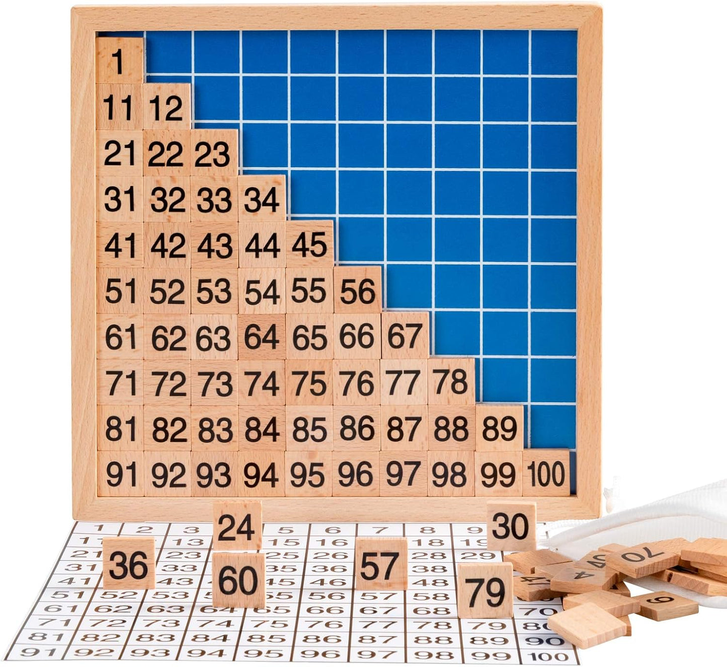 Wooden Math Learning Board Toy, Montessori 1-100 Consecutive Numbers Wooden Hundred Digital Board, Educational Game for Kids with Storage Bag