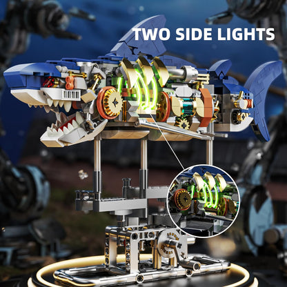 1085-PCS Mechanical Piranhas Fish Building Set with LED Light, Movable Linkage Gears, Display Stand,Mechanical Fish
