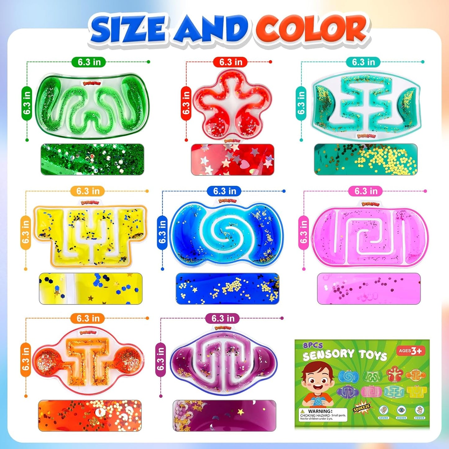 Squishy Sensory Toys for Kids - 4 Pack Fidget Toy Sensory Maze for Autism - Stress Relief Toys for Calm Down - Squeeze Fidget Toy Filled Goo, Glitter, Prizes for Kids Classroom, Goodie Bags Stuffers