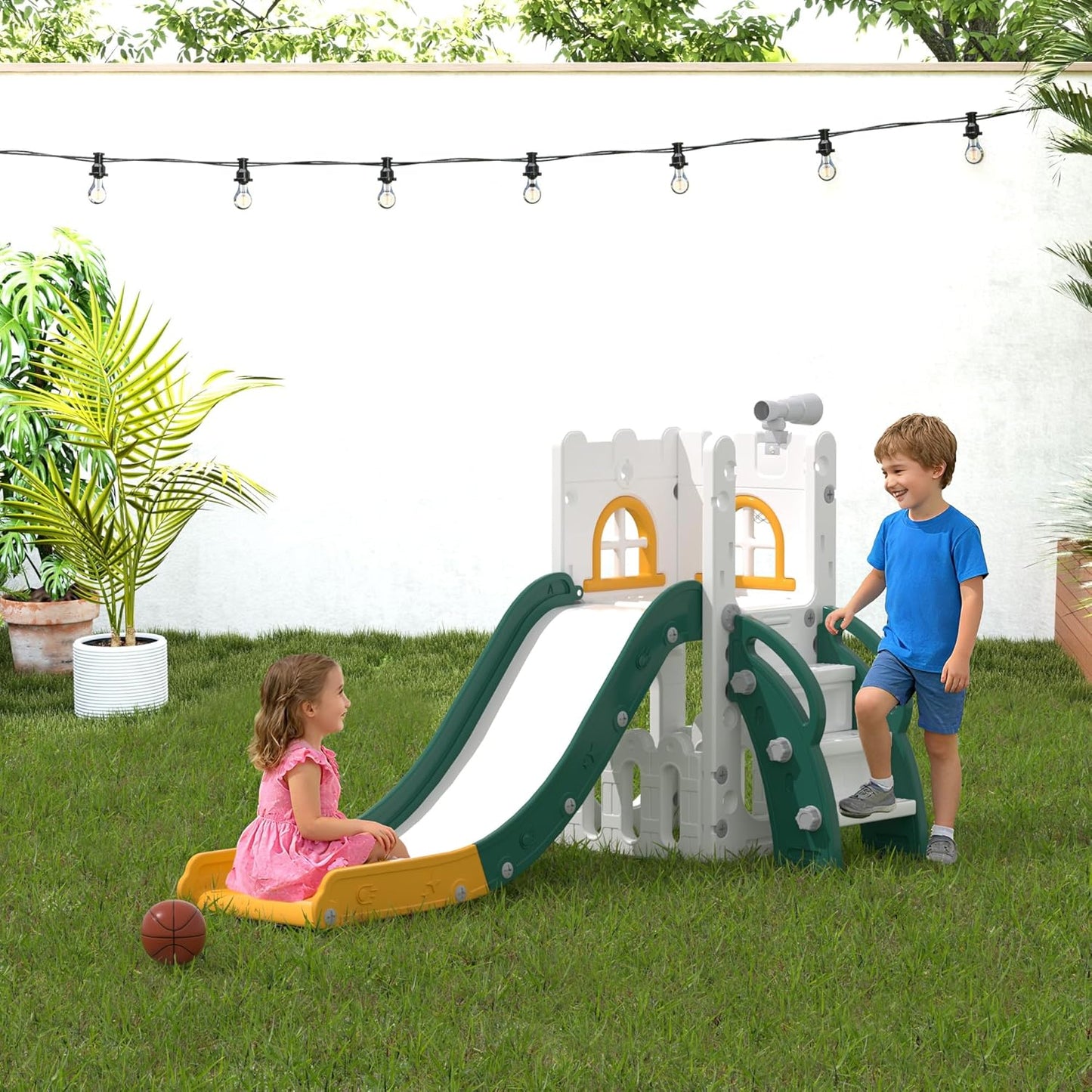 LulliSpace 6 in 1 Toddler Slide,Kids Playset for Toddlers Indoor Outdoor, Baby Slide with Basketball Hoop, Telescope & Storage Space,Non-Slip Steps for Great Gift