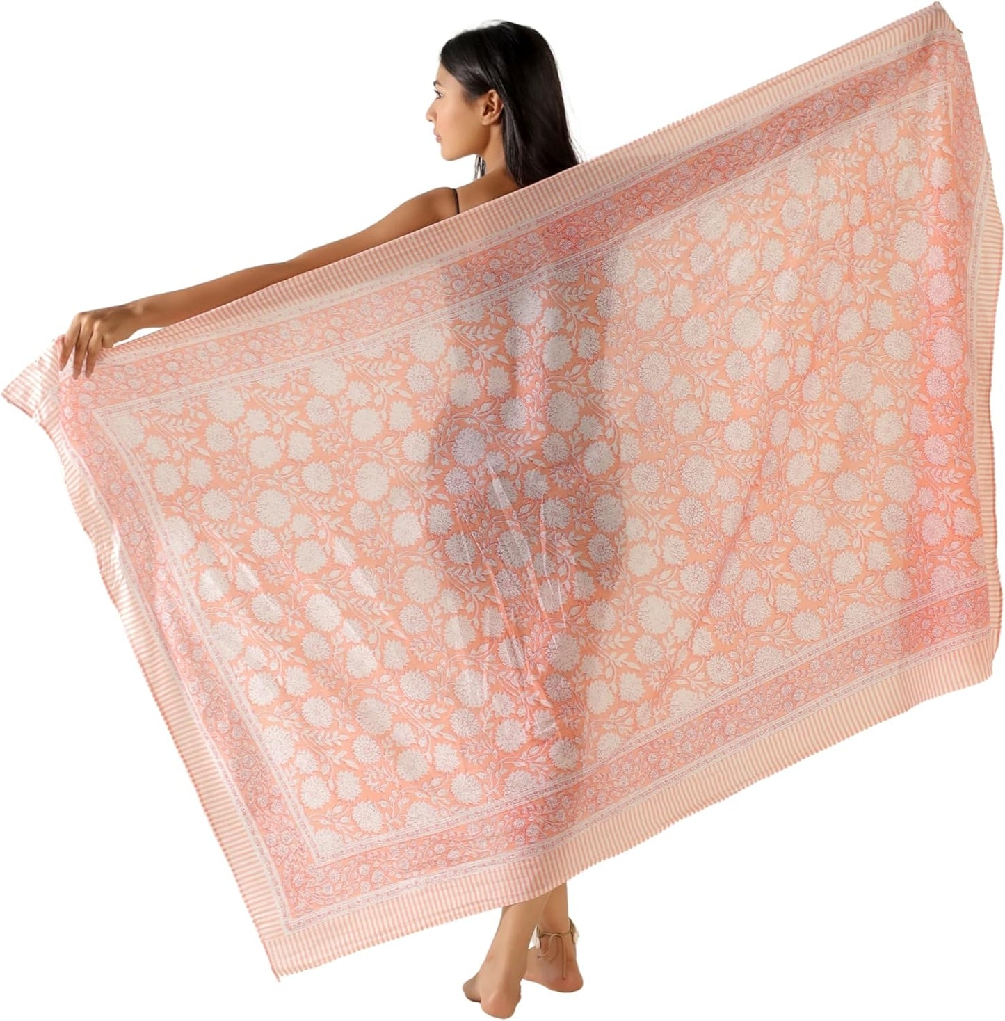 100% Cotton Sarong Cover Up for Women Indian Block Print Beach Wrap Skirt Long Boho Swimsuit Bikini Pareo (73” x 43”)