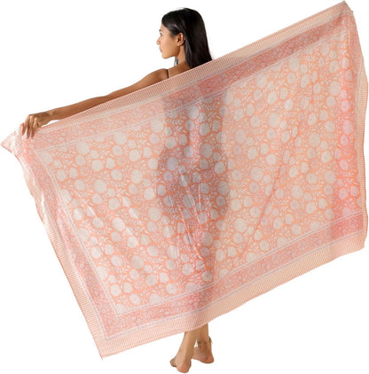 100% Cotton Sarong Cover Up for Women Indian Block Print Beach Wrap Skirt Long Boho Swimsuit Bikini Pareo (73” x 43”)