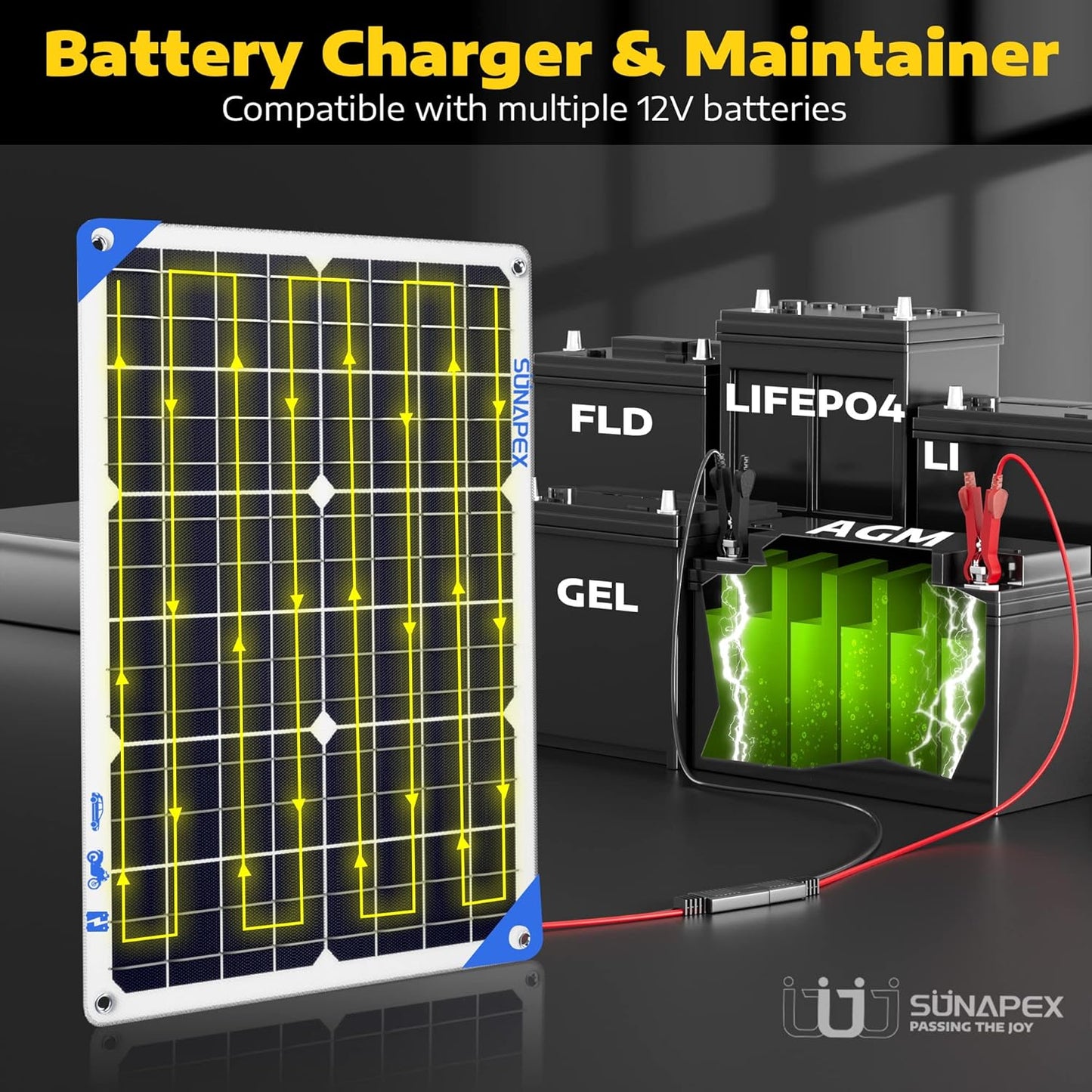 SUNAPEX 12V 10 Watt Solar Trickle Charger Maintainer - Waterproof Solar Powered Battery Charger - Solar Panel Kit Built-in Smart Charge Controller for Car Rv Trailer Truck Boat Automotive Marine