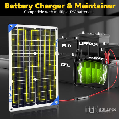 SUNAPEX 12V 10 Watt Solar Trickle Charger Maintainer - Waterproof Solar Powered Battery Charger - Solar Panel Kit Built-in Smart Charge Controller for Car Rv Trailer Truck Boat Automotive Marine