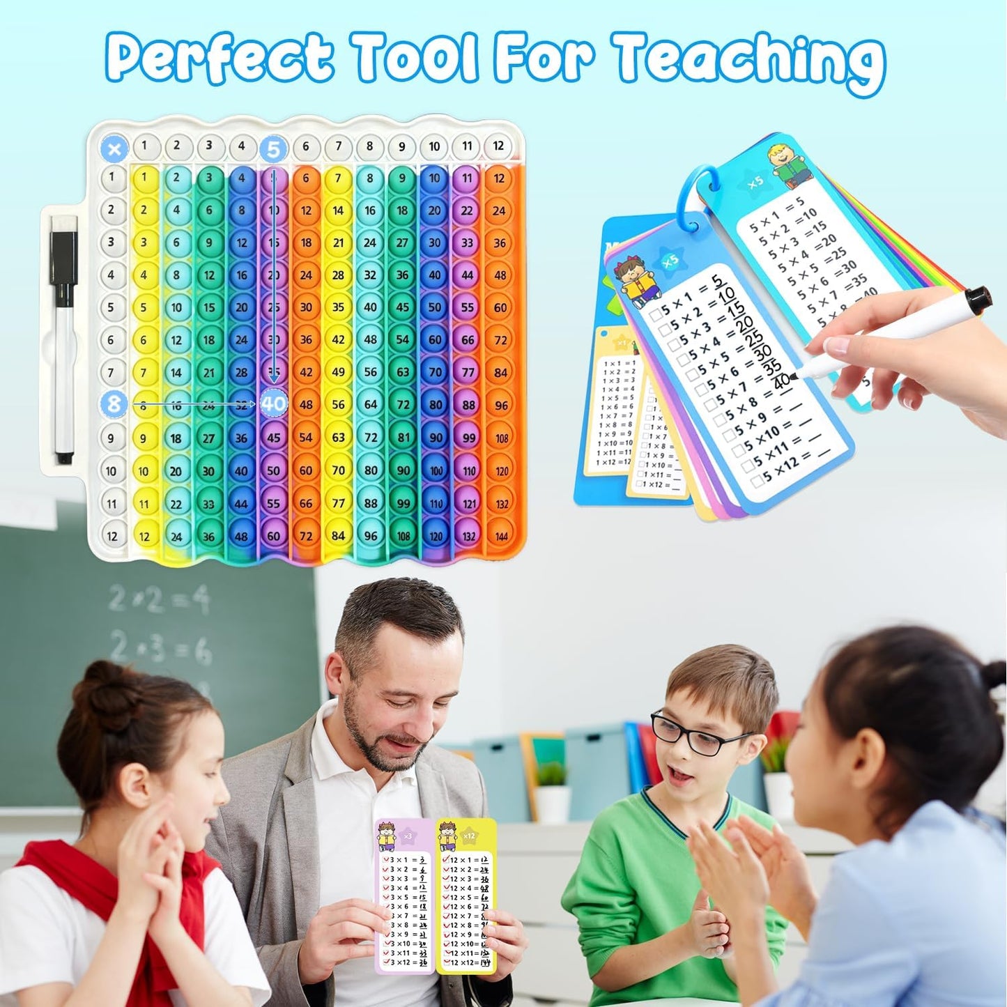 Multiplication Flash Cards + Pop Fidget Multiplication Chart, Times Table Educational Flashcard 3rd Grade, 4th, 5th, 6th Grade
