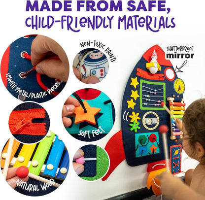 Monz Montessori Sensory Wall Busy Board for Toddlers 2-5 – Wall Mounted Interactive Activity Panel, Educational Felt Sensory Board, Preschool Learning Toy for Kids Classroom or Playroom