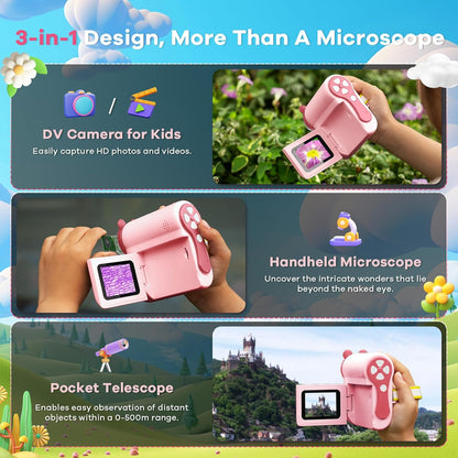 Hideal HP60 IPS Microscope for Kids: [Auto On & Off] [3-in-1] 2" Portable Handheld Microscope Miniscope, Pocket Mini Scope Educational Science Kit, Christmas Birthday Gifts for Kids, PC View, Pink