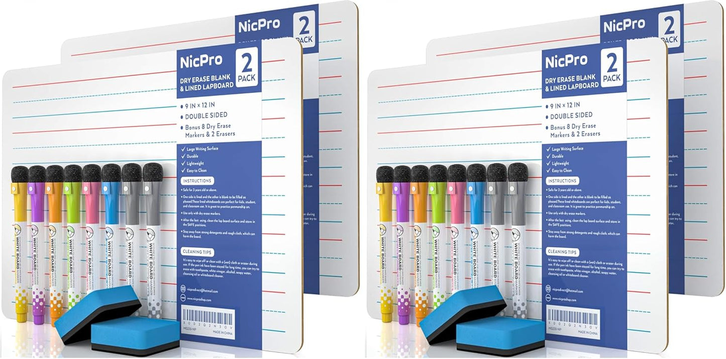 Nicpro Dry Erase Board with Lines 12 x 16 in, 2 Pack Kid Double Sided Lined White Board Dry Erase with 8 Pens, 2 Eraser, Small Learning Whiteboards for Kids, Students, Homeschool Essentials Supplies