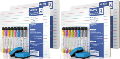 Nicpro Dry Erase Board with Lines 12 x 16 in, 2 Pack Kid Double Sided Lined White Board Dry Erase with 8 Pens, 2 Eraser, Small Learning Whiteboards for Kids, Students, Homeschool Essentials Supplies
