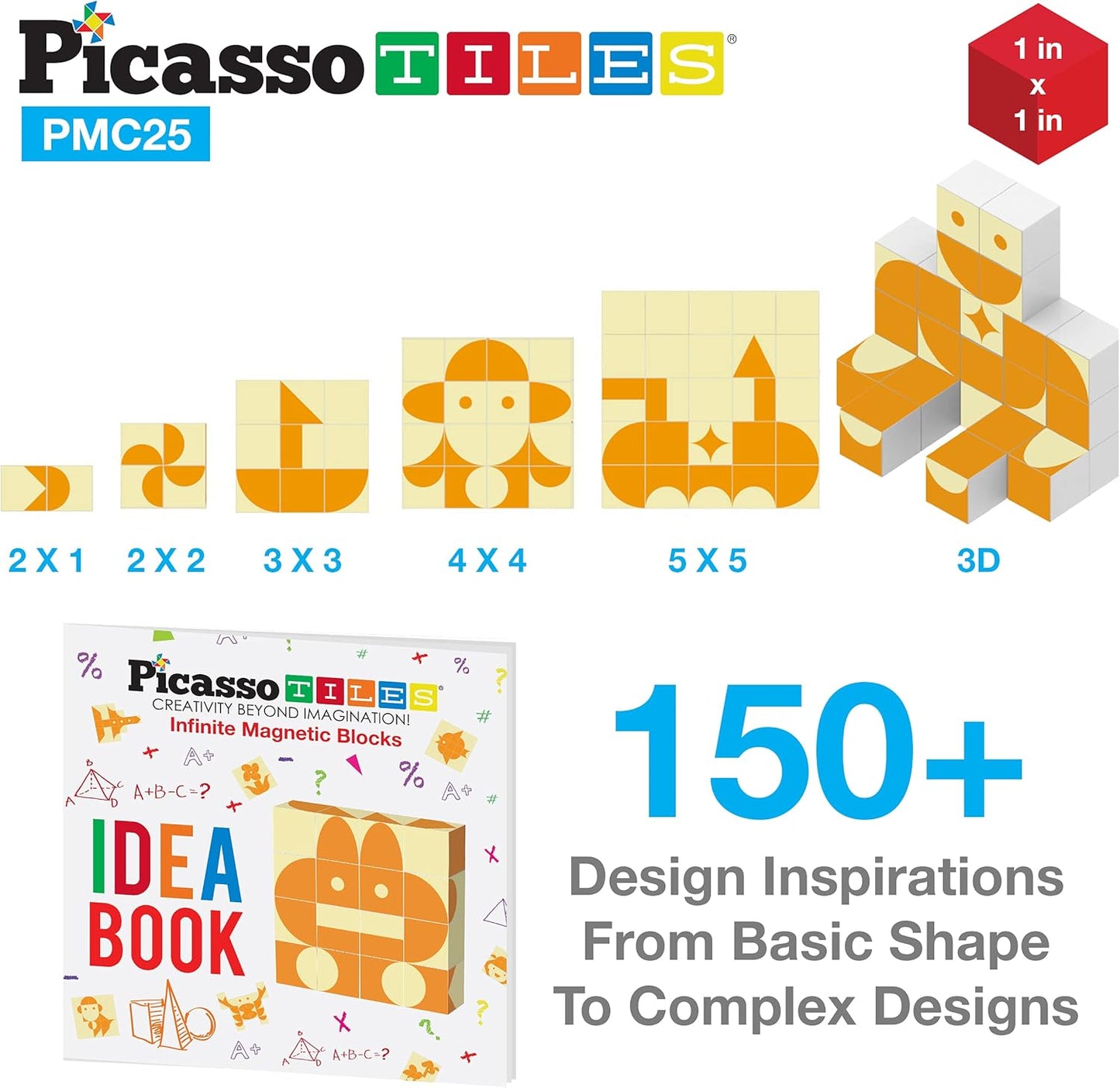 PicassoTiles 25 Piece Magnetic Puzzle Game Magic Cube Puzzles Brain Teaser Set Kids Toy Magnet Pattern Block Matching Toys with Free Ideabook 150+ Inspirations Included STEM Learning Early Education