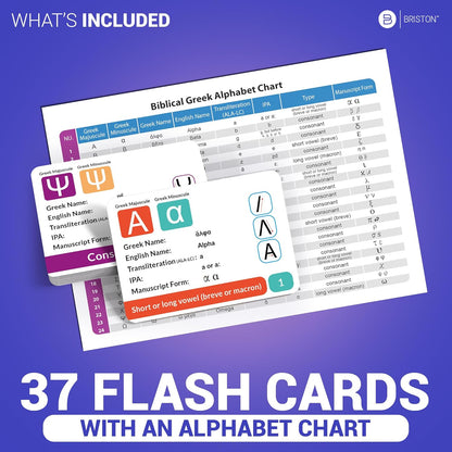 Briston Biblical Greek Alphabet Flash Cards with Audio – 37 Language Learning Cards for Biblical Study, Alphabet Pronunciation & Transliteration – Includes Chart, Waterproof, Glossy & Durable Set