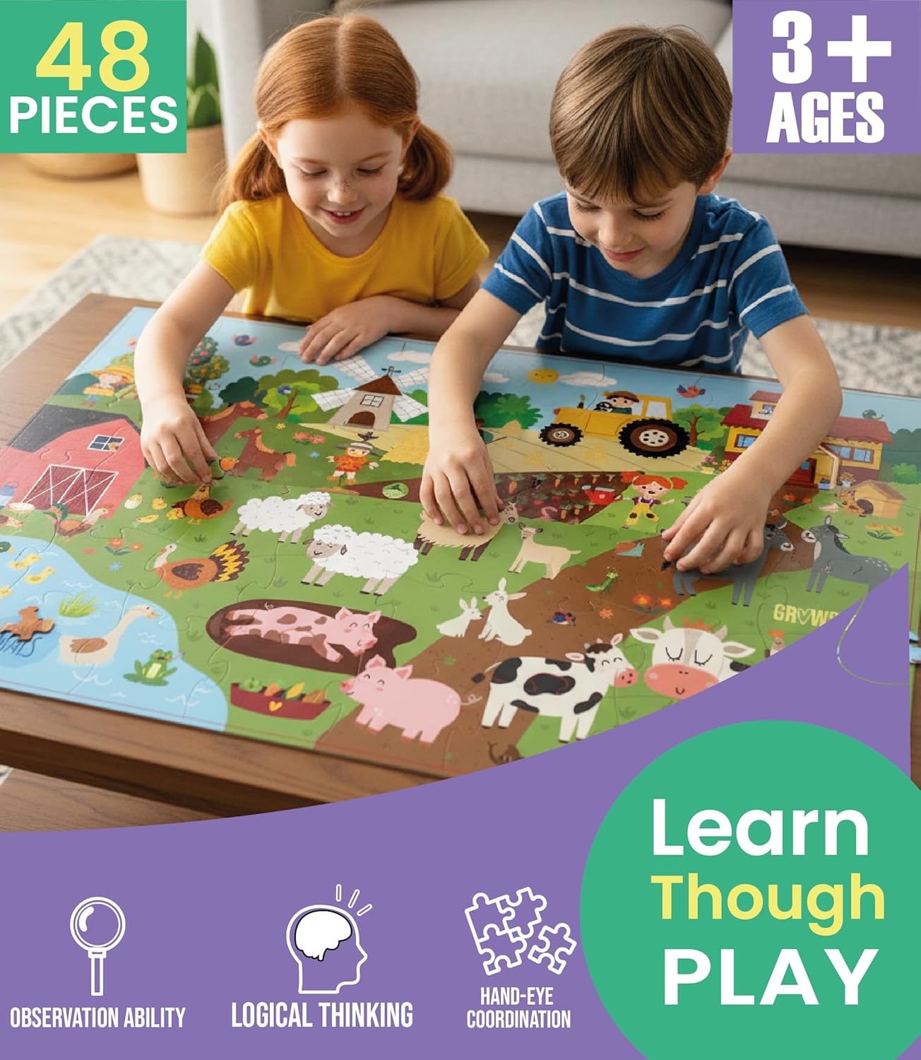 Floor Puzzles for Kids Ages 3-5 4-6 Educational 48 Piece Farm Animals with 2 Giant Coloring Posters Preschool Learning Toy Tractors Tools Barnyard Animals Screen Free Family Playtime