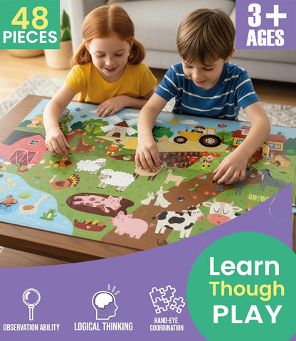 Floor Puzzles for Kids Ages 3-5 4-6 Educational 48 Piece Farm Animals with 2 Giant Coloring Posters Preschool Learning Toy Tractors Tools Barnyard Animals Screen Free Family Playtime