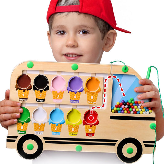 Large & Fun Ice Cream Truck Magnetic Color & Number Maze Adventure Toy - For Toddlers and Kids - Montessori Puzzle Board for 1-10 Counting and 10 Color Matching/Sorting - Improve Child's Motor Skills