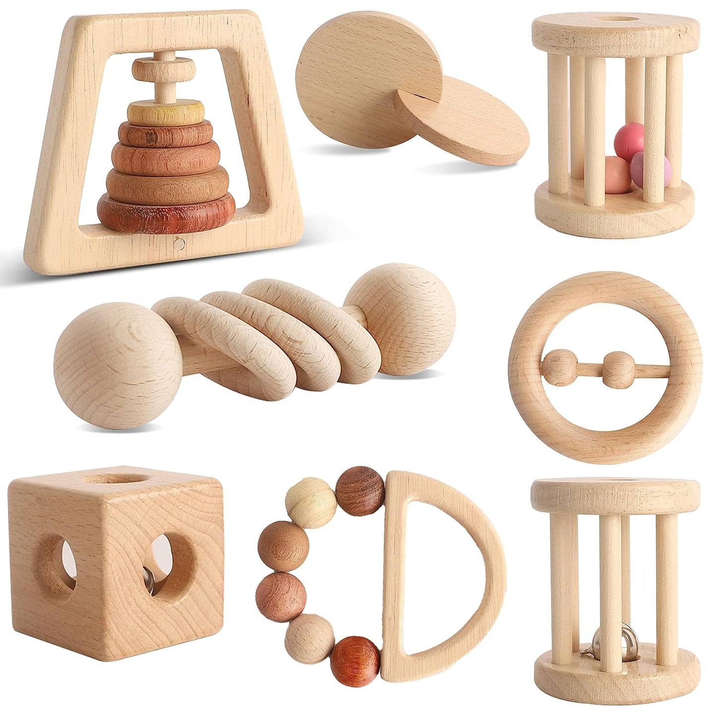 Wooden Rattles for Baby, 7PCS Wooden Montessori Toys for 7-24 Months Baby Boy Girl, Natural Beech Wood Grasping Toy, Gift for Babies