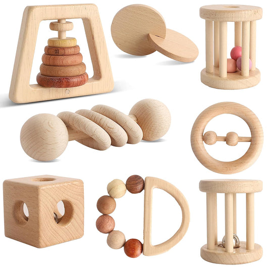 Wooden Rattles for Baby, 7PCS Wooden Montessori Toys for 7-24 Months Baby Boy Girl, Natural Beech Wood Grasping Toy, Gift for Babies