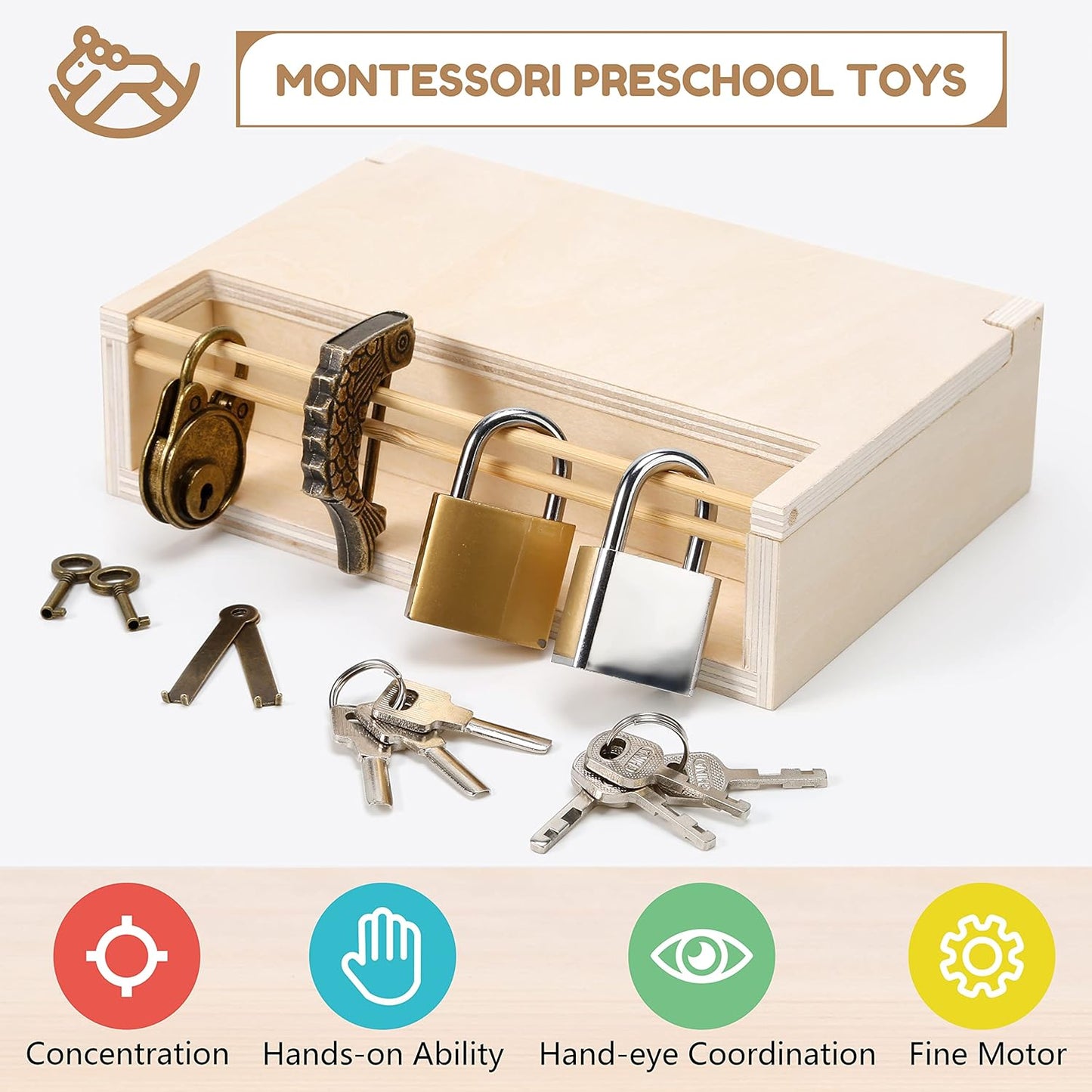 Woodtoe 8 PCS Montessori Lock and Key Toy, Montessori Toys for Toddlers 3 4 5 Year Old, Kids Tool Set, Montessori Materials Preschool Learning Toy, Fine Motor Skill, Educational Toys for Boy Girl 3-6