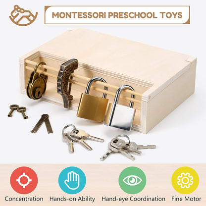 Woodtoe 8 PCS Montessori Lock and Key Toy, Montessori Toys for Toddlers 3 4 5 Year Old, Kids Tool Set, Montessori Materials Preschool Learning Toy, Fine Motor Skill, Educational Toys for Boy Girl 3-6