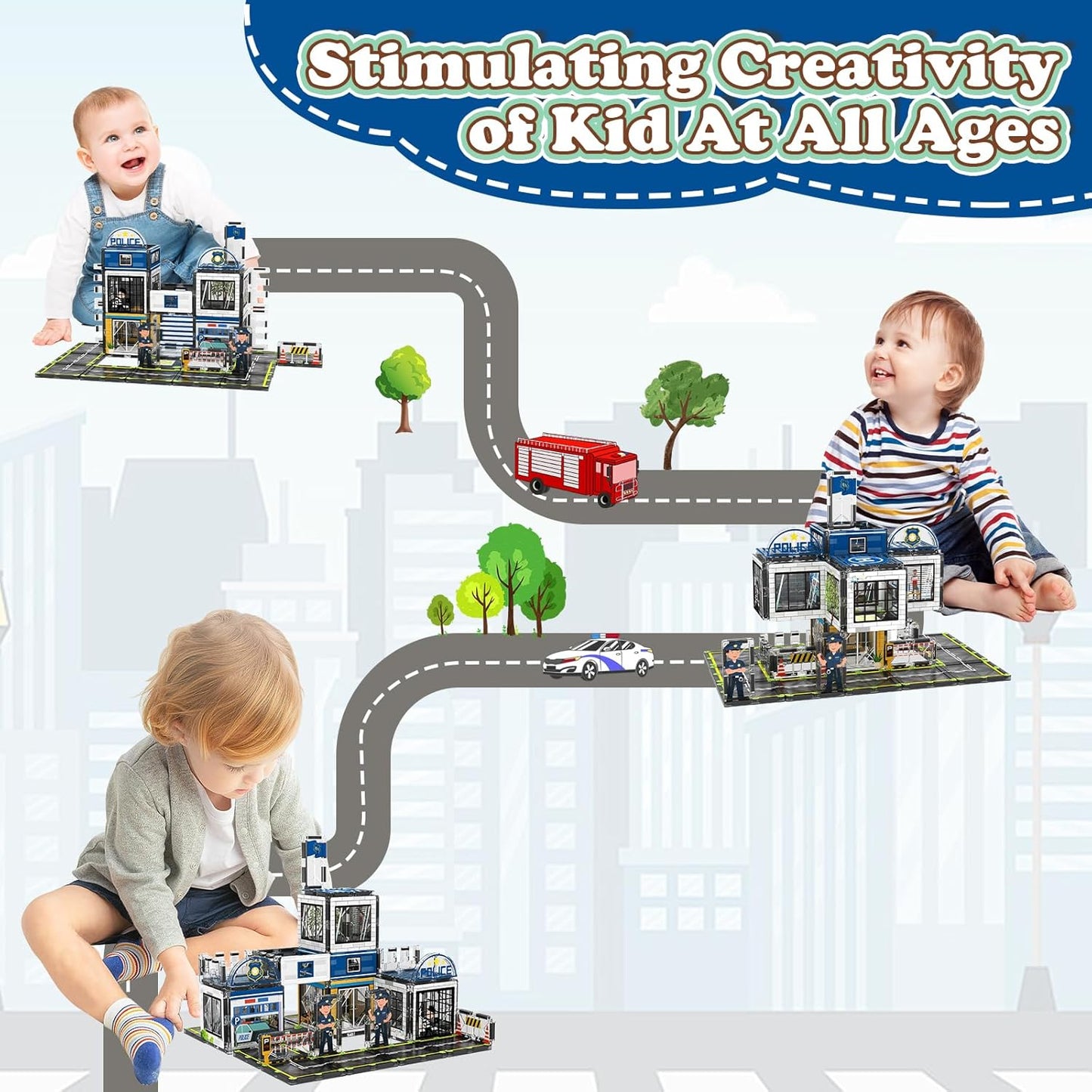 AFUNX Magnetic Tiles, 50PCS Police Station Theme Building Blocks Set, Magnet Building Blocks and STEM Preschool Toys for Toddlers Kids Ages 3-5 5-7 8-10