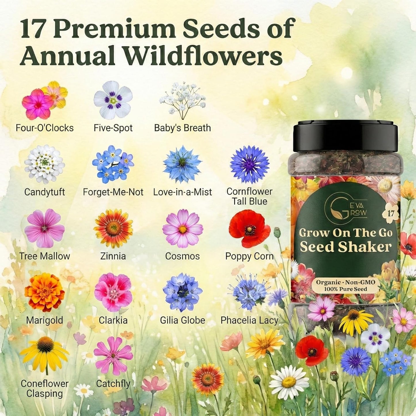 Mini Wildflower Seed Shaker - Save The Bees Seed Mix, by GevaGrow | 80,000+ Seeds | Pollinator & Bee Attracting Flower Seeds Bulk for Planting in Pots & Outdoor Gardens | 2 Ounce