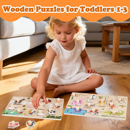 Wooden Peg Puzzles for Toddlers 1-3, 2 Pcs Montessori Puzzles, Animal & Sea Themes Puzzles, Great Preschool Educational Learning Gifts for Girls and Boys